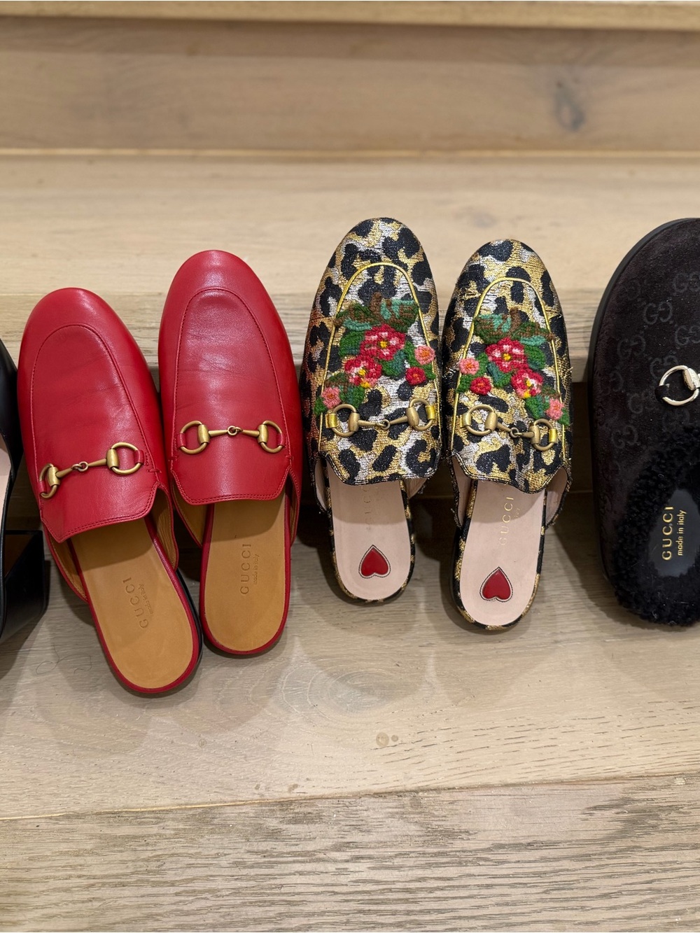 Gucci Women's Red Leather Horsebit Mules and Leopard Floral Embroidered Slip-Ons